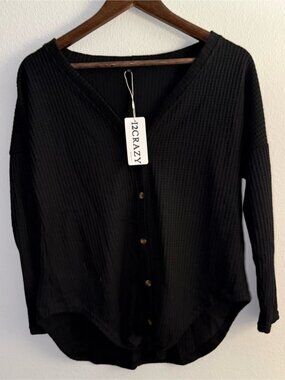 Black Waffle-Knit Button and Tie Front Women's Top